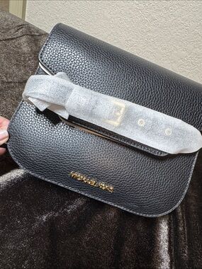 SALE Michael Kors Black Pebbled Leather Saddle Crossbody Gold Tone Logo
